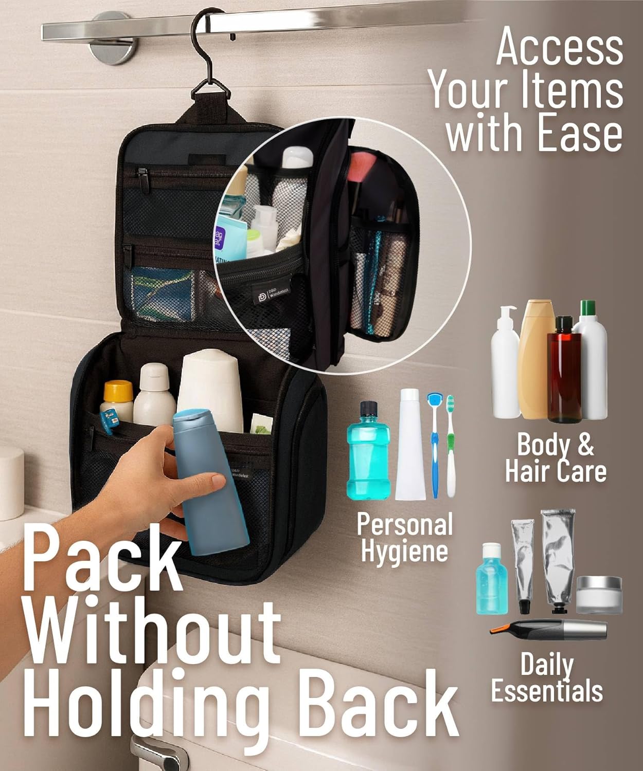 D&D Wanderlust D&D Hanging Travel Toiletry Bag for Men and Women – Cosmetics, Makeup and Toiletries Organizer Kit with 10 Compartments - Image 5