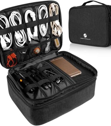 Travel Electronics Organizer, Waterproof Cable Organizer Bag for Electronic Accessories Double Layer Large Shockproof Cable Storage Bag for Cord, Power Bank, Tablet(Up to iPad 11 inch) - Black